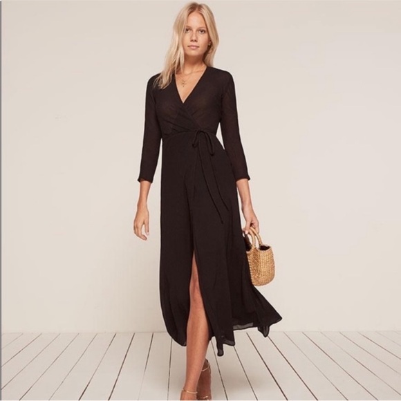 Reformation Dresses & Skirts - Reformation Tessa Black Long Sleeved Wrap Midi Dress Size Extra Small